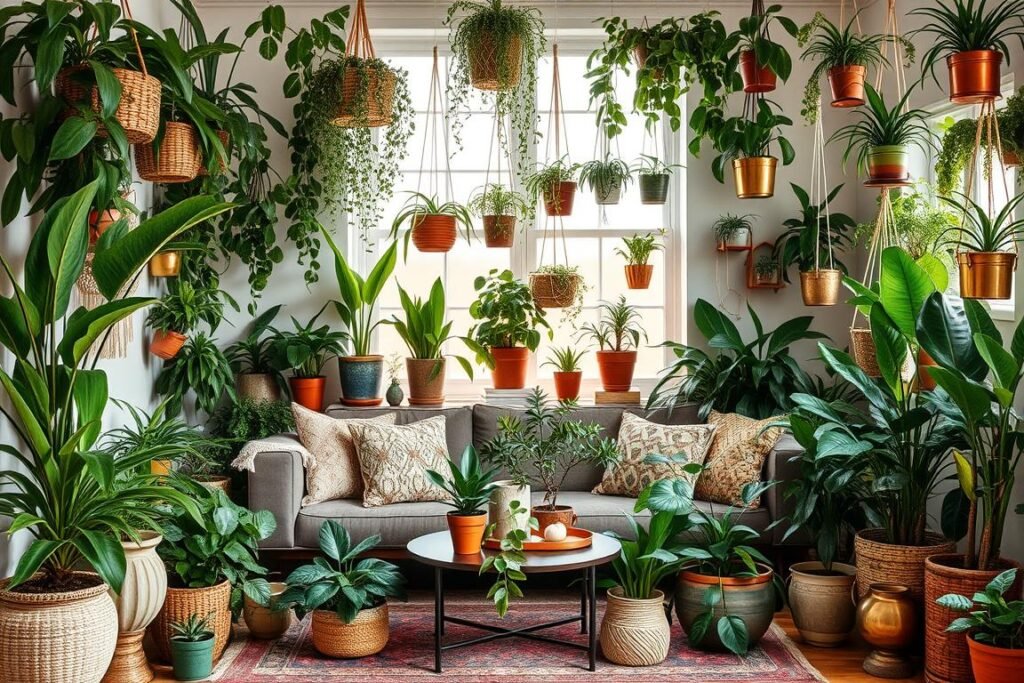 Bohemian living room filled with various houseplants in different containers Bohemian living room filled with various houseplants in different containers