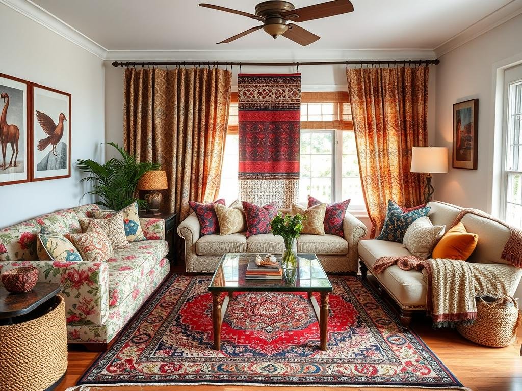 Bohemian living room showcasing mixed patterns including florals, geometrics, and global prints Bohemian living room showcasing mixed patterns including florals, geometrics, and global prints