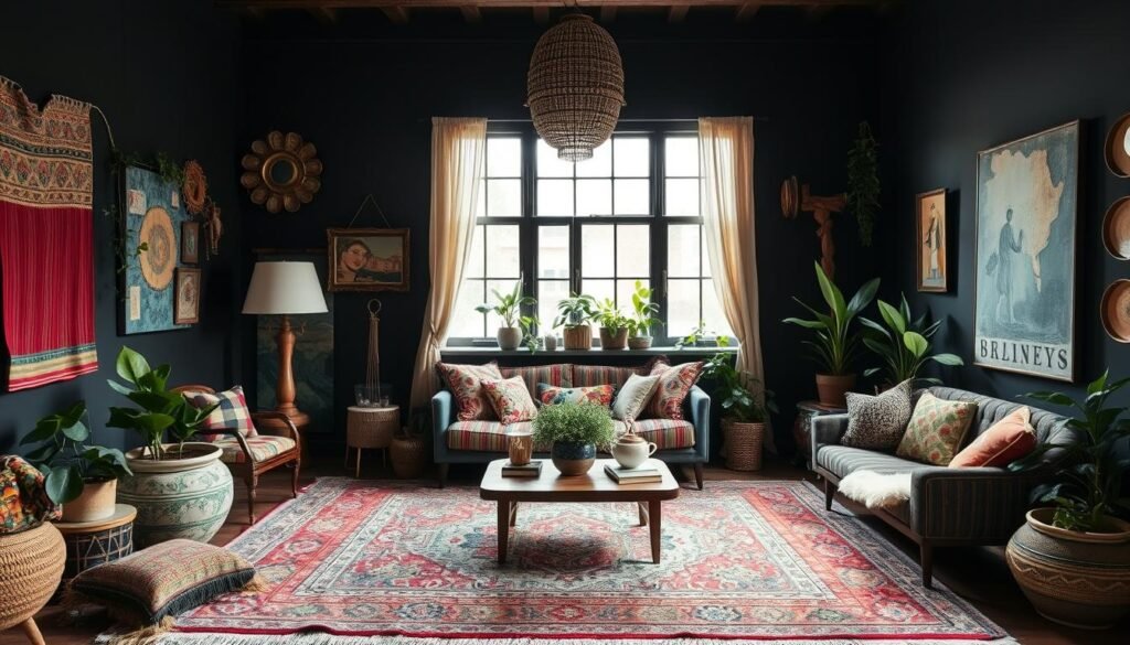 Bohemian living room with black walls and colorful eclectic accessories Bohemian living room with black walls and colorful eclectic accessories
