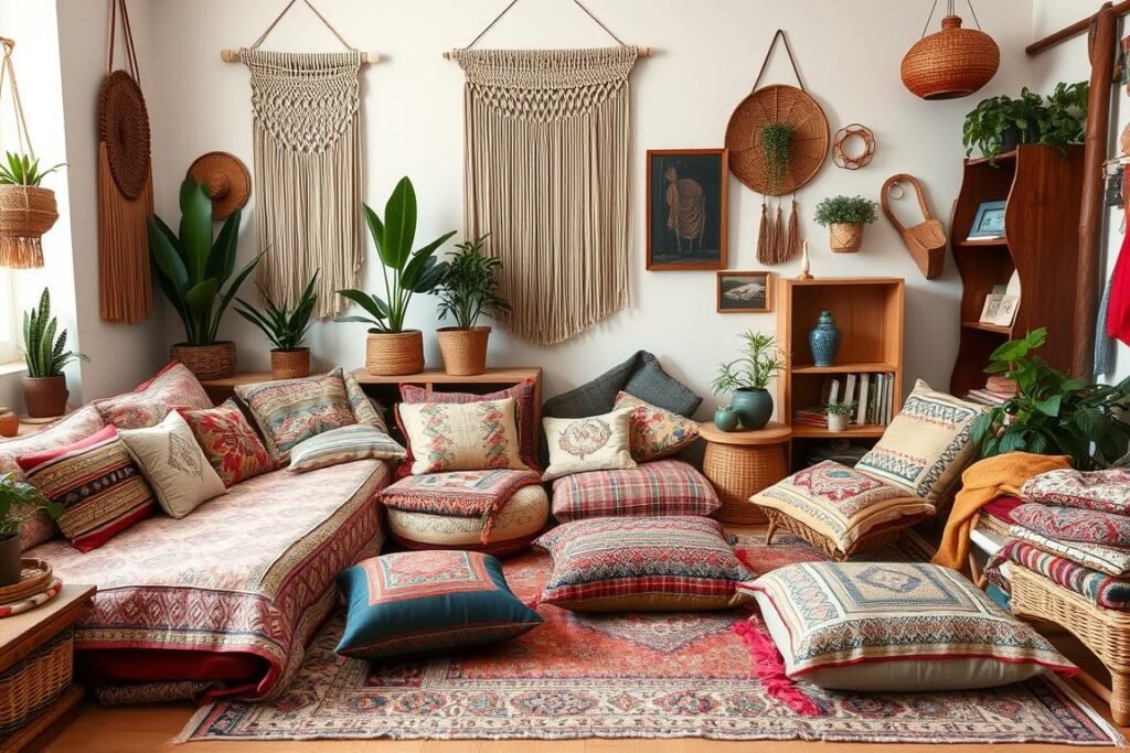 Bohemian living space with layered textiles and eclectic accessories
