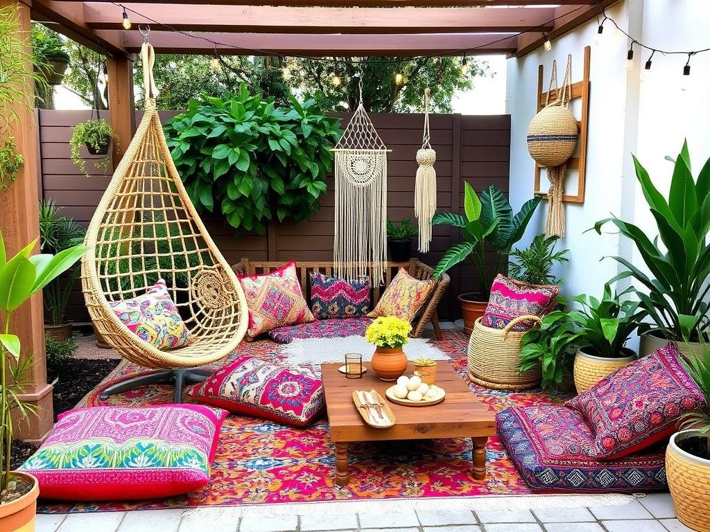 Bohemian outdoor furniture with colorful textiles and mixed patterns