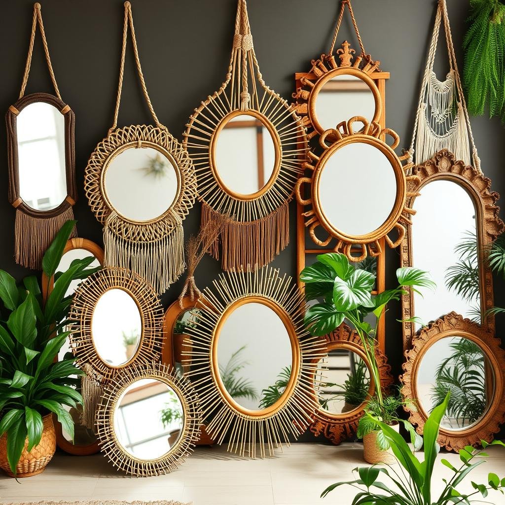 Bohemian space with eclectic mirror collection and natural elements Bohemian space with eclectic mirror collection and natural elements