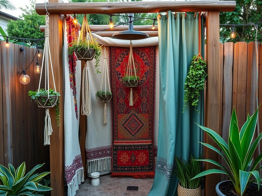 Bohemian style outdoor shower with colorful accents Bohemian style outdoor shower with colorful accents