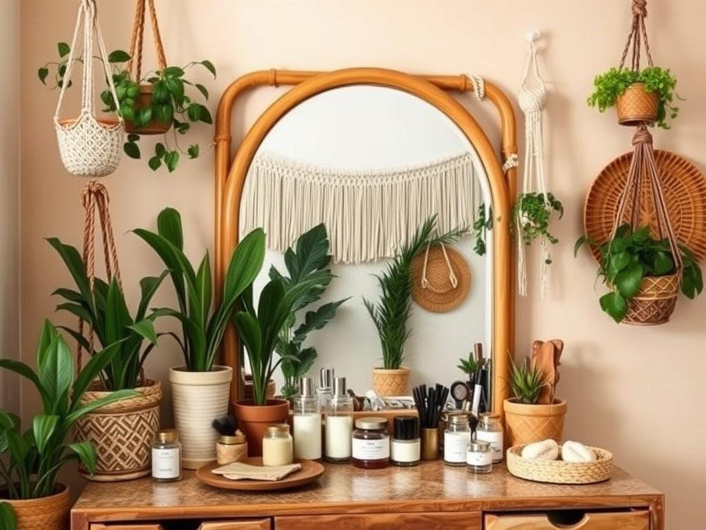 Bohemian-style vanity mirror area with plants and eclectic accessories Bohemian-style vanity mirror area with plants and eclectic accessories