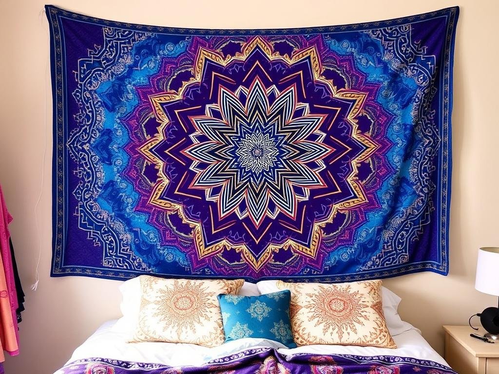 Bohemian tapestry hanging on dorm room wall above bed Bohemian tapestry hanging on dorm room wall above bed