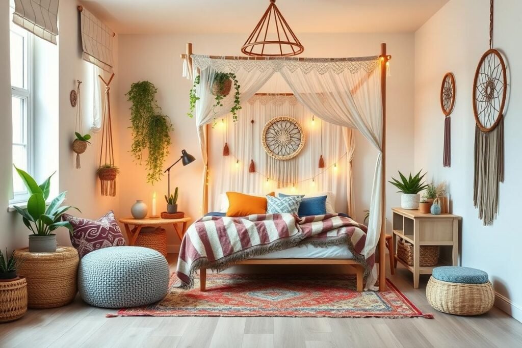 Boho chic teen bedroom with macrame wall hangings, plants, and layered textiles Boho chic teen bedroom with macrame wall hangings, plants, and layered textiles
