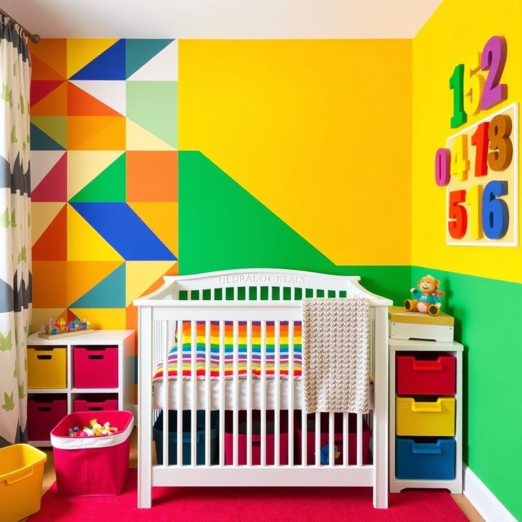 Bold and bright baby room with primary colors and geometric patterns