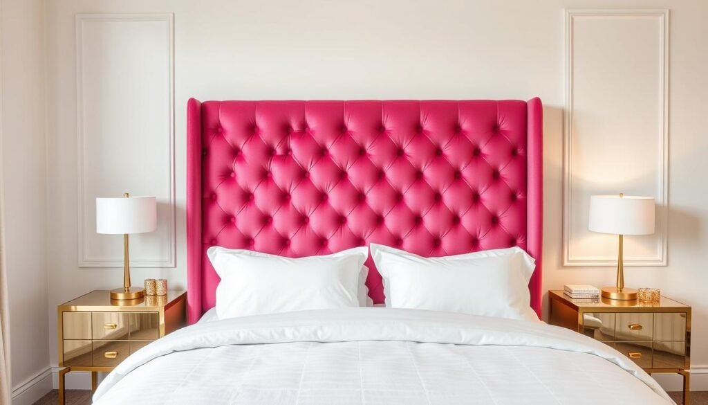 Bold pink velvet headboard in a neutral bedroom with gold accents