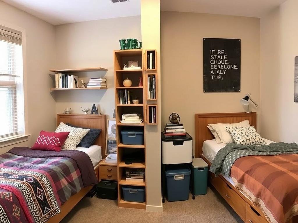 Bookshelf used as room divider in dorm room Bookshelf used as room divider in dorm room