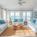 Bright and airy beach-themed living room with blue and white decor, natural textures, and ocean-inspired accents