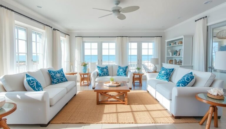 Bright and airy beach-themed living room with blue and white decor, natural textures, and ocean-inspired accents