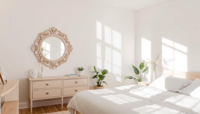 Bright bedroom with a large decorative mirror reflecting natural light
