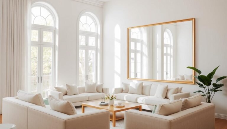 Bright living room with strategically placed wall mirror reflecting natural light