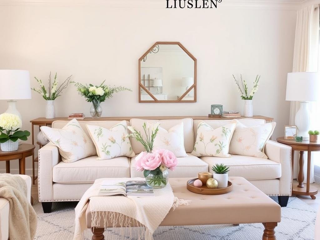Bright spring-themed living room with floral accents and light textiles