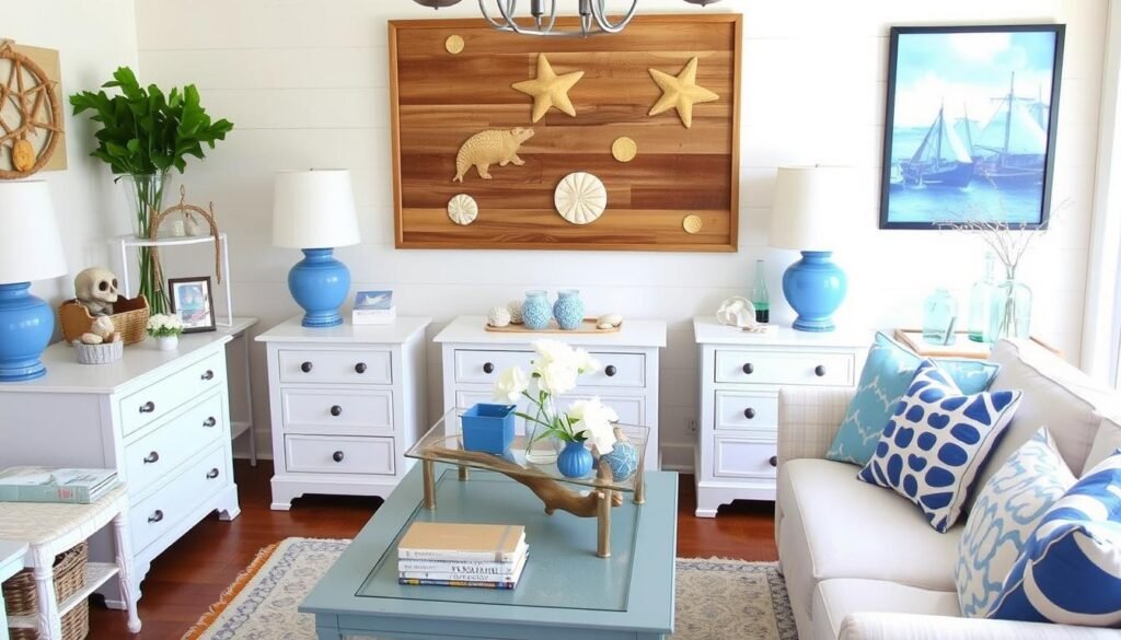 Budget-friendly beach room with thrifted furniture, DIY decor, and strategic coastal accents