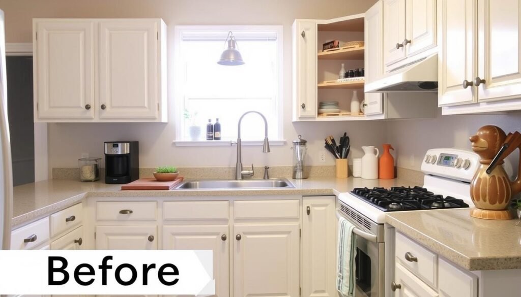Budget-friendly small kitchen makeover with painted cabinets and new hardware Budget-friendly small kitchen makeover with painted cabinets and new hardware