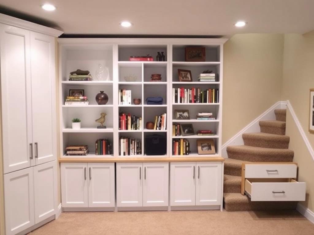 Built-in basement storage solutions including shelving and under-stairs storage Built-in basement storage solutions including shelving and under-stairs storage