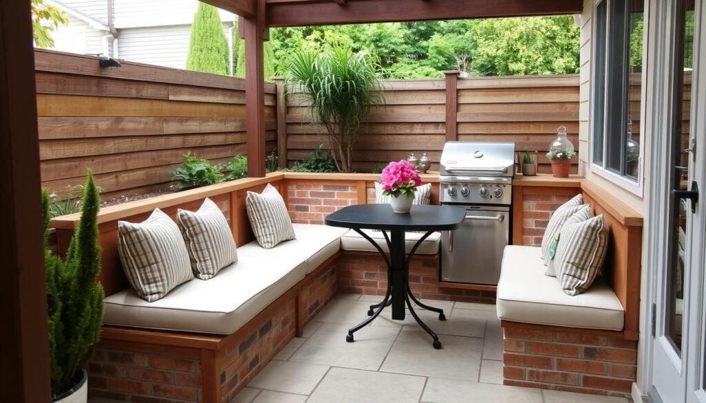 Built-in bench seating in small outdoor kitchen design
