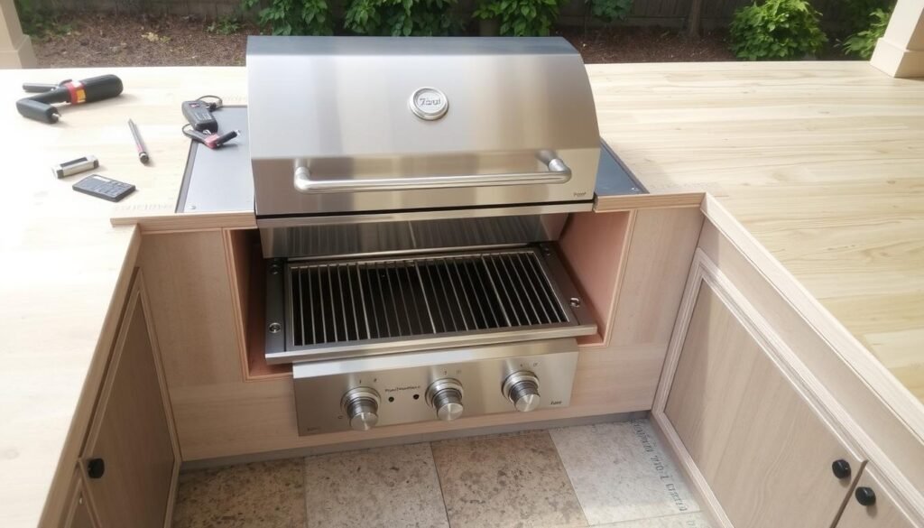 Built-in grill installation in DIY outdoor kitchen
