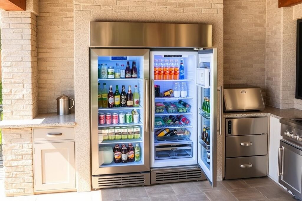 Built-in outdoor refrigerator and ice maker in an outdoor kitchen patio