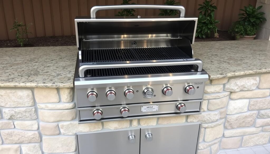 Built-in stainless steel gas grill in a stone outdoor kitchen patio with side burners