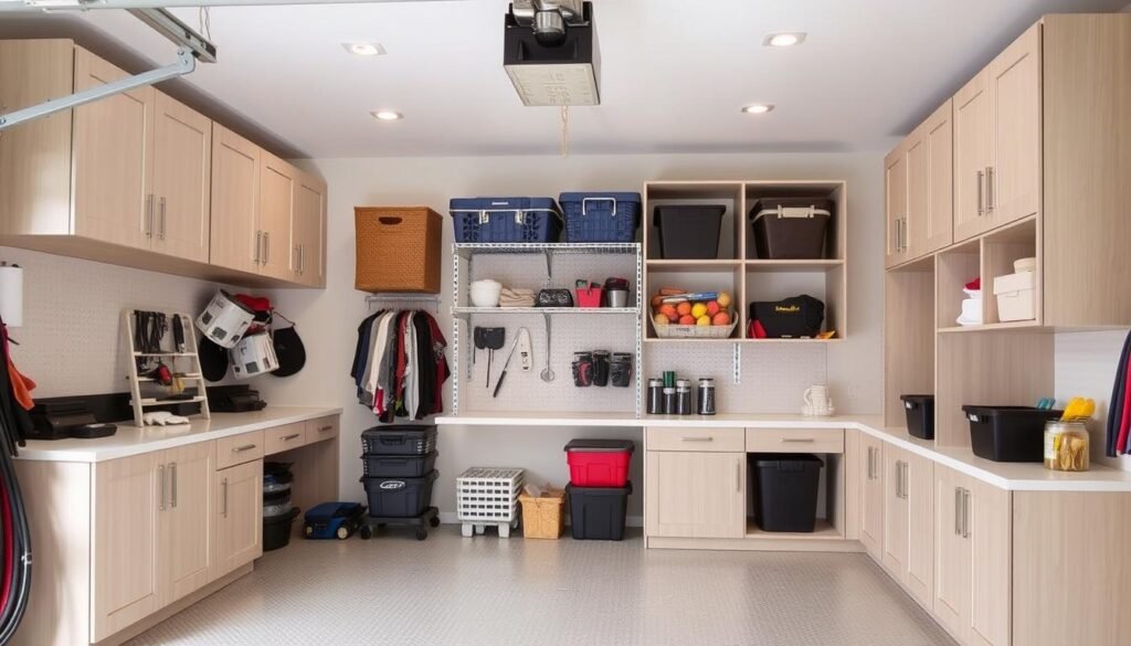 Built-in storage solutions in converted garage showing cabinets and overhead storage Built-in storage solutions in converted garage showing cabinets and overhead storage