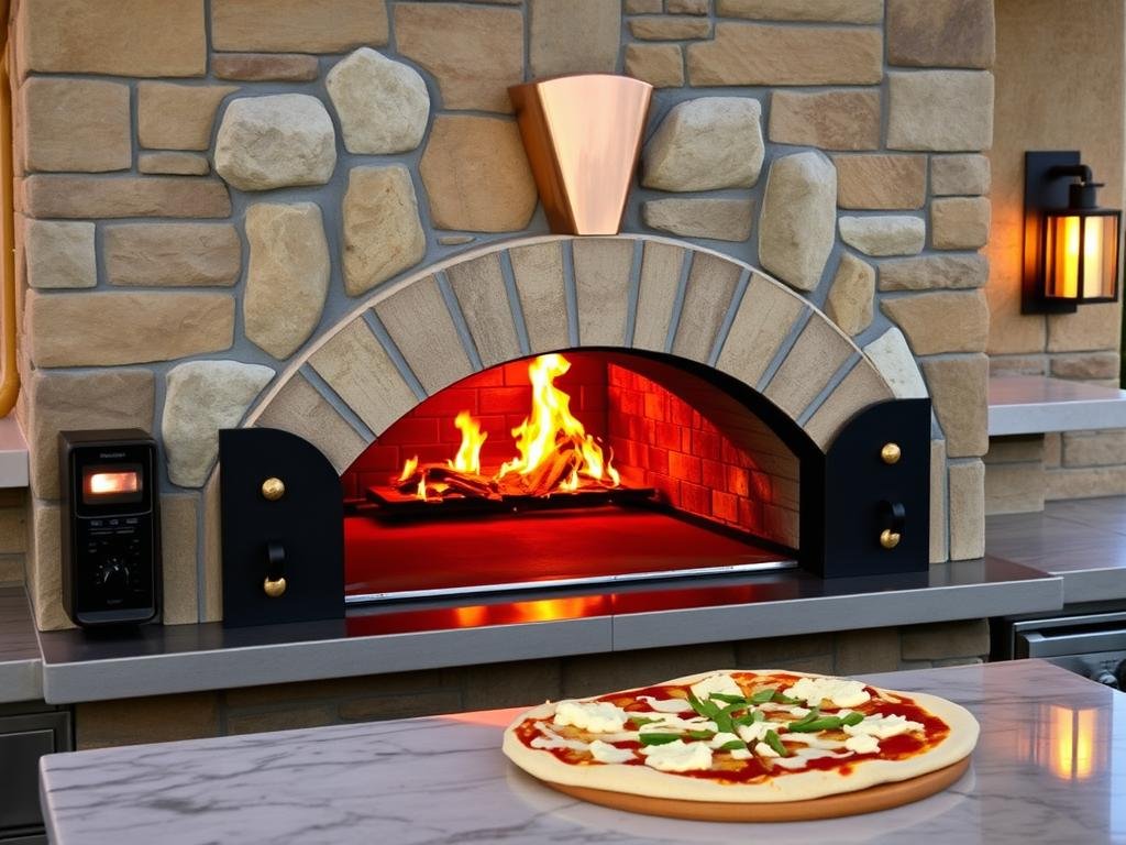 Built-in wood-fired pizza oven with stone facade in a luxury outdoor kitchen