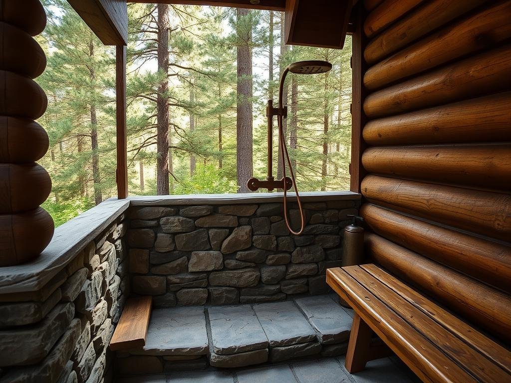 Cabin-style outdoor shower with stone base and copper fixtures