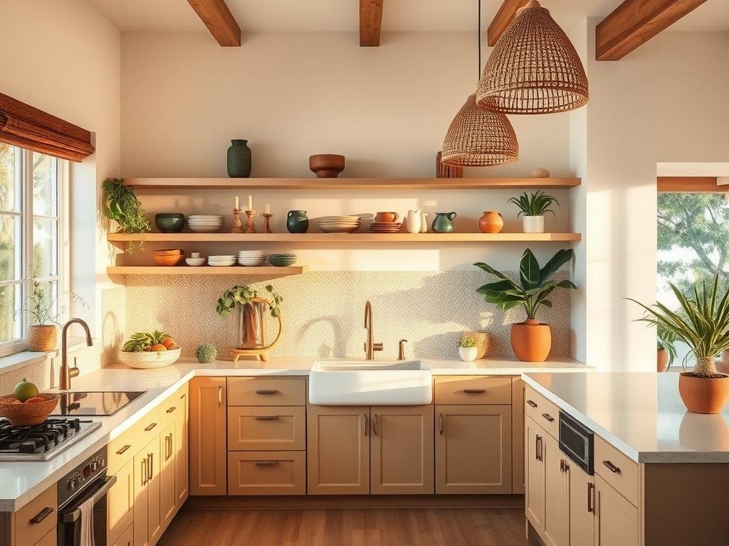 California casual kitchen with warm beige cabinets, textured backsplash, and indoor plants California casual kitchen with warm beige cabinets, textured backsplash, and indoor plants