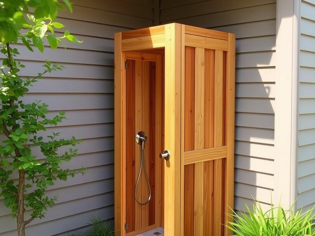 Cedar wood outdoor shower enclosure with house-mounted design Cedar wood outdoor shower enclosure with house-mounted design