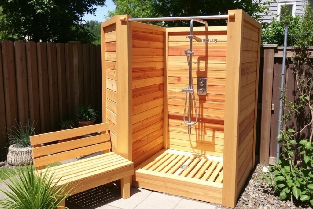 Cedar wood outdoor shower kit with privacy walls and built-in bench