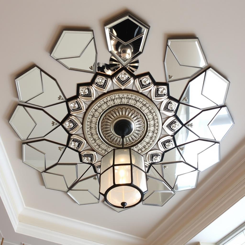 Ceiling with mirrored medallion around chandelier creating dramatic effect Ceiling with mirrored medallion around chandelier creating dramatic effect