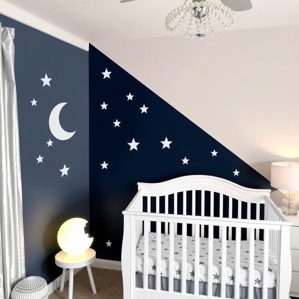 Celestial baby room decor with stars, moons, and a dark blue accent wall