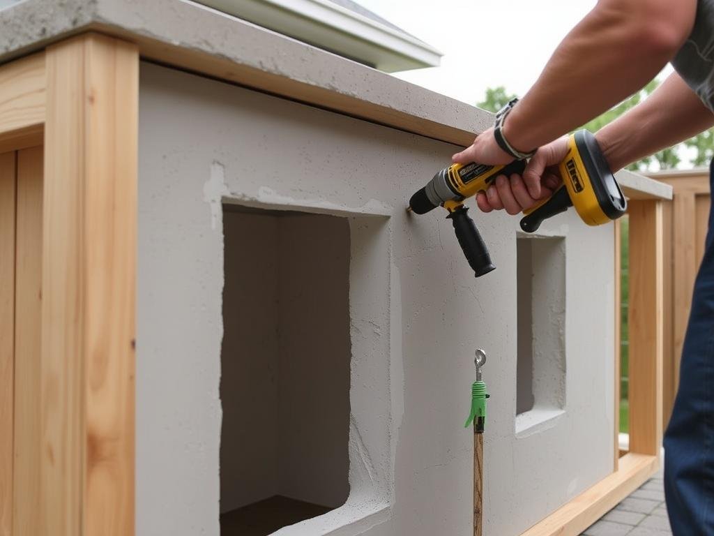 Cement board being installed on outdoor kitchen frame