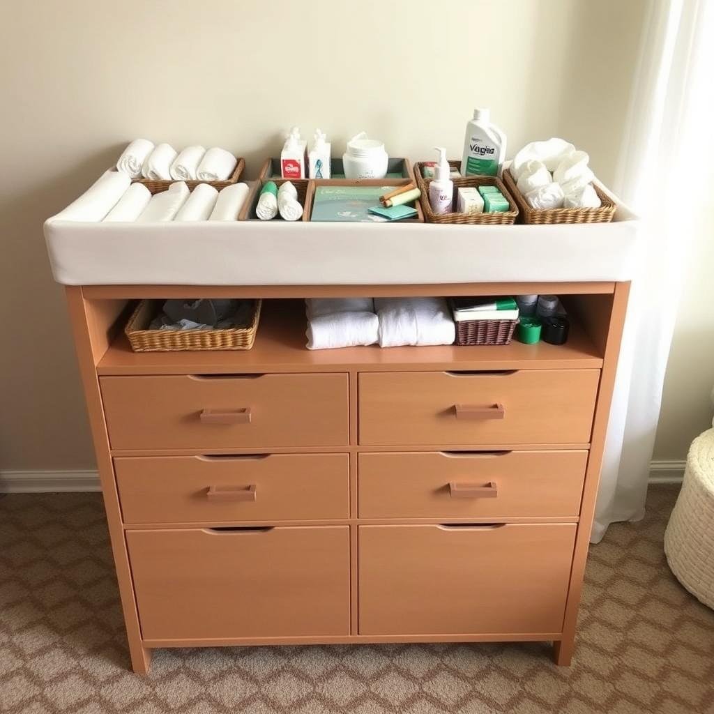 Changing table with storage drawers and organized baby supplies
