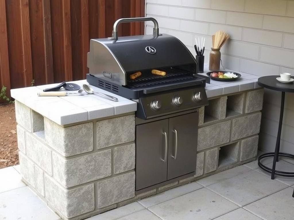 Charcoal grill built into a DIY outdoor kitchen counter with food being prepared