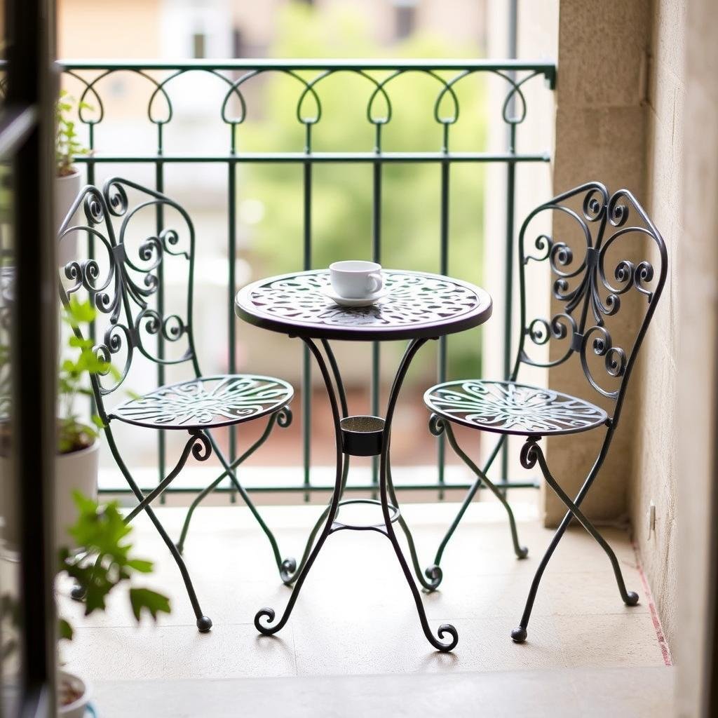 Charming bistro set with two chairs and a small round table on a balcony