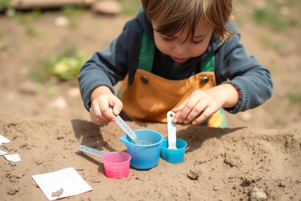 Child measuring ingredients in a mud kitchen with simple math concepts visible Child measuring ingredients in a mud kitchen with simple math concepts visible