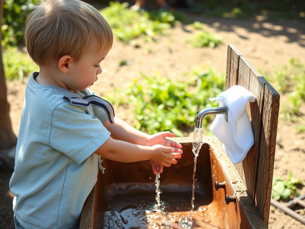 Child washing hands at an outdoor station after playing in a mud kitchen Child washing hands at an outdoor station after playing in a mud kitchen