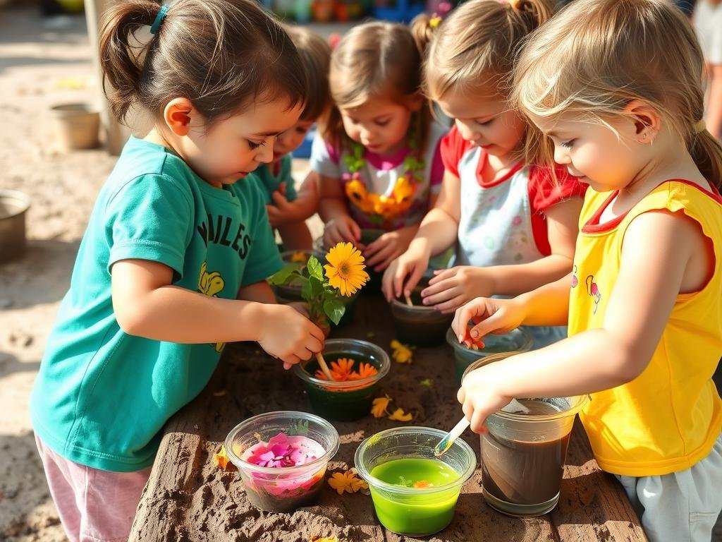 Children creating colorful mud potions with flowers and natural materials in a mud kitchen Children creating colorful mud potions with flowers and natural materials in a mud kitchen