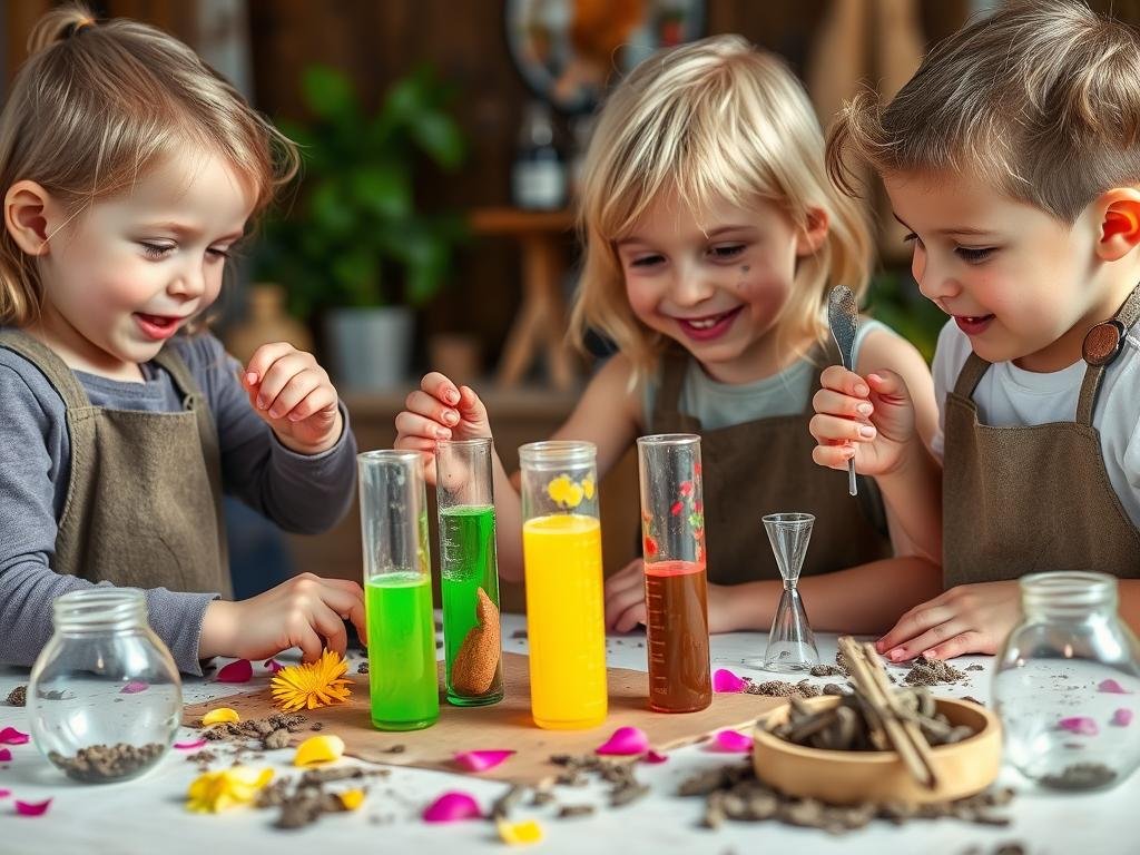 Children creating colorful mud potions with natural materials in a mud kitchen laboratory setup Children creating colorful mud potions with natural materials in a mud kitchen laboratory setup