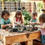 DIY Mud Kitchen: 8 Creative Ideas for Endless Outdoor Play Children playing at a DIY mud kitchen outdoors with natural materials