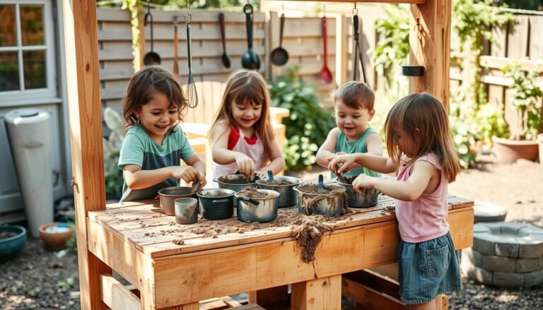 Children playing at a DIY mud kitchen outdoors with natural materials