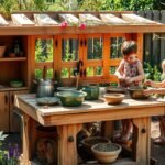 Mud Kitchen Ideas: Inspiring Outdoor Play for Creative Kids Children playing at a wooden mud kitchen with various utensils and natural materials