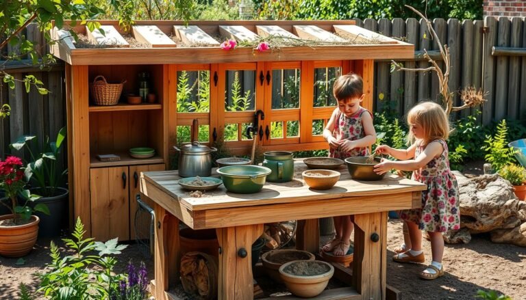 Children playing at a wooden mud kitchen with various utensils and natural materials