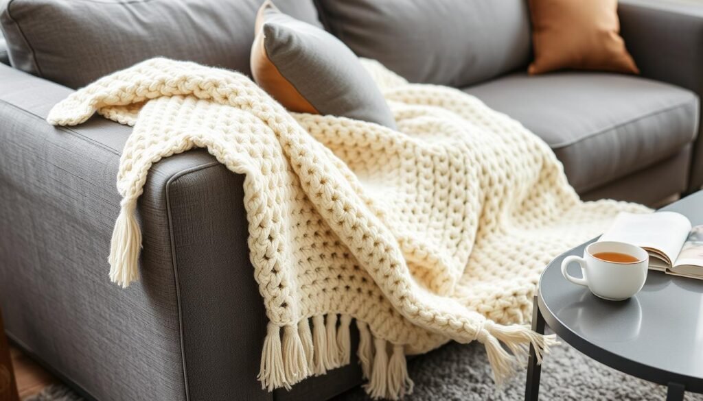 Chunky crochet throw blanket draped over a couch in a living room Chunky crochet throw blanket draped over a couch in a living room