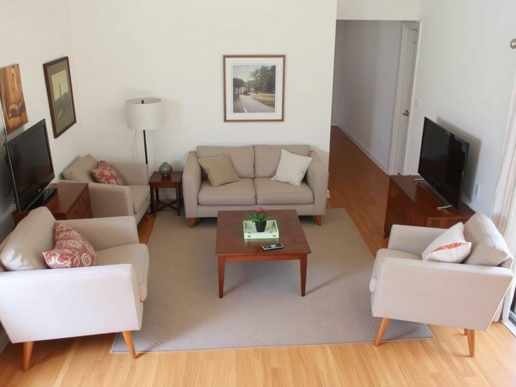 Clever furniture arrangement in a small living room with floating furniture and clear pathways Clever furniture arrangement in a small living room with floating furniture and clear pathways