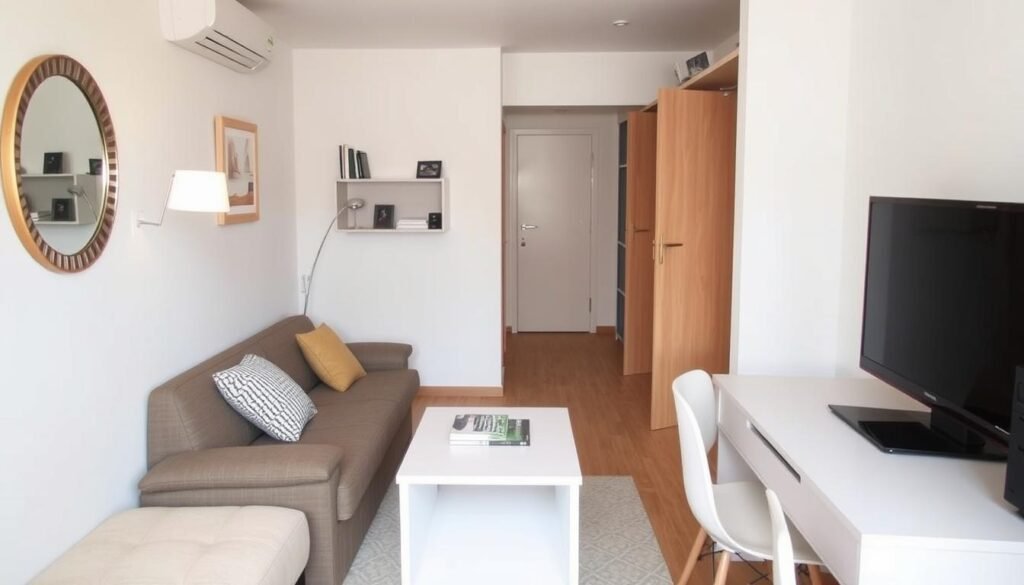 Cleverly designed small room with multi-functional furniture and smart storage solutions Cleverly designed small room with multi-functional furniture and smart storage solutions