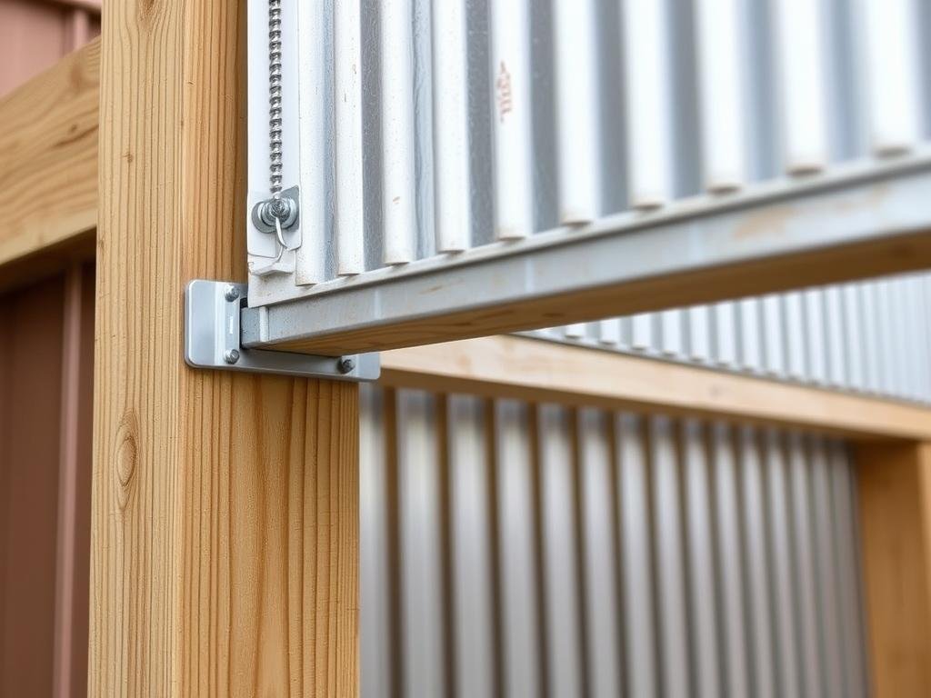 Close-up detail of corrugated metal panel installation for shower Close-up detail of corrugated metal panel installation for shower