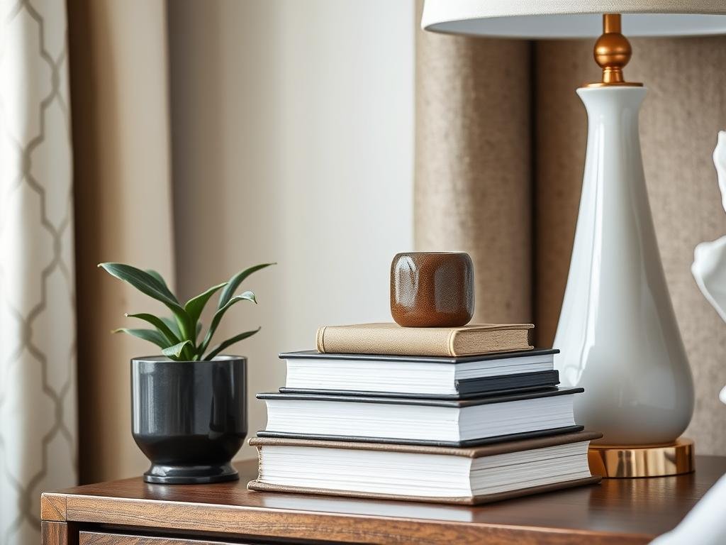 Close-up of a beautifully styled bedside table vignette with careful object arrangement